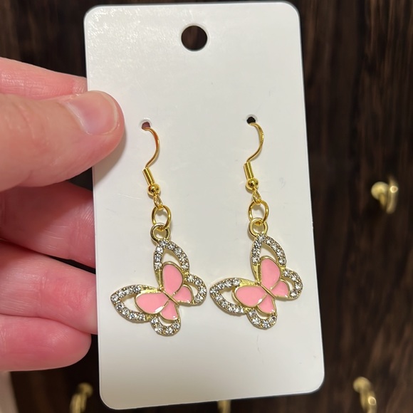F2 - Gold and Pink Rhinestone Butterfly Earrings on 925 Sterling hooks - Picture 2 of 2